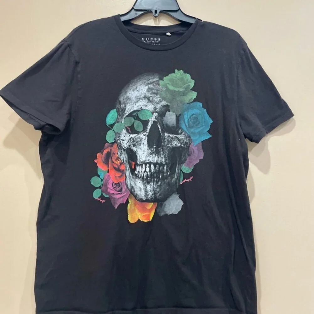 GUESS SKULL ROSES T-SHIRT BLACK EMO GOTHIC SIZE LARGE - Picture 11 of 12